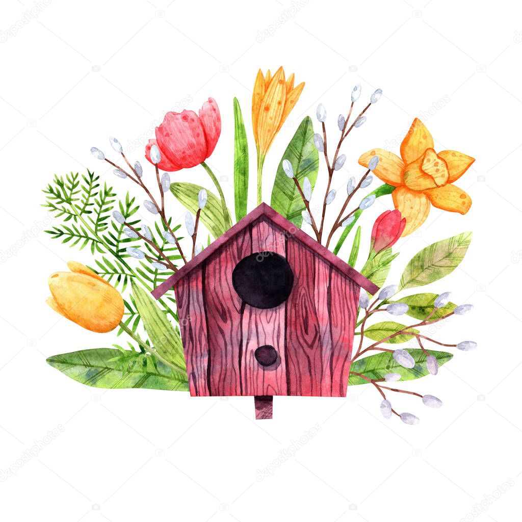 Watercolor purple birdhouse made of wood with garden flowers on the background for decor and design of printing, cards, fabrics, textiles, holidays, wallpapers, paper and scrap elements
