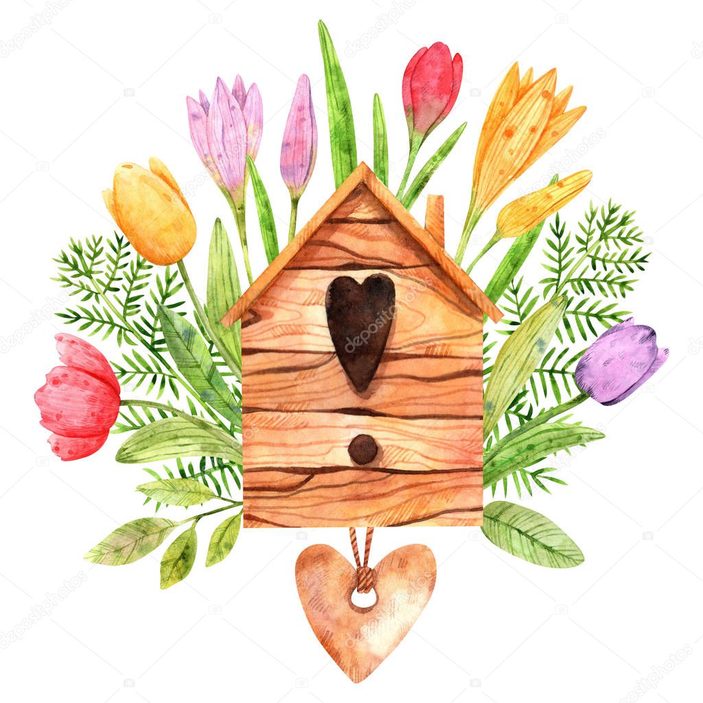 Watercolor birdhouse made of wood with garden flowers on the background for decor and design of printing, cards, fabrics, textiles, holidays, wallpapers, paper and scrap elements