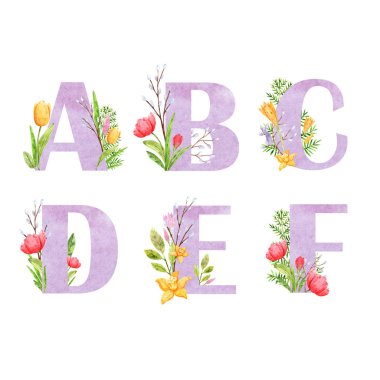 Delicate letters of the alphabet with the decor of watercolor flowers and pussy-willow twigs for decoration and design of printing, cards, fabrics, textiles, holidays, wallpapers, paper and scrapbook elements