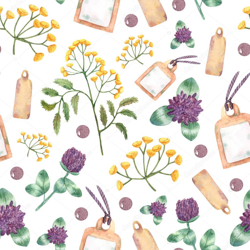 Seamless pattern with watercolor wild herbs, yellow tansy, lilac clover and vintage tags. Great for wallpaper, scrapbook paper, packaging, greeting cards, souvenirs and design.