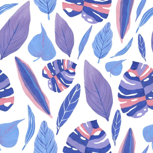 Seamless pattern with tropical leaves drawn in hand-made gouache in blue, blue, pink colors with veins in a decorative style. Hand painted