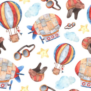 Hava taşımacılığı temasında pürüzsüz desenler var. Hava gemisi, balon, uçuş şapkası, yıldızlar, bulutlar ve mavi, sarı, kırmızı-turuncu renkli uçuş gözlükleri ve yüksek çözünürlüklü...