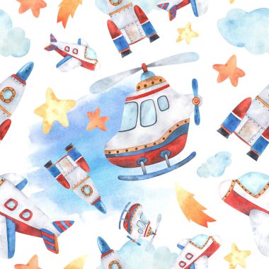 Uçak, helikopter, roket, suluboya lekesi, mavi, sarı, kırmızı ve turuncu renklerde yıldızlar ve bulutlar ve yüksek çözünürlüklü hava taşımacılığı temasında pürüzsüz desen