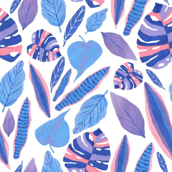 Seamless pattern with tropical gouache leaves in blue and pink colors. High quality hand-drawn