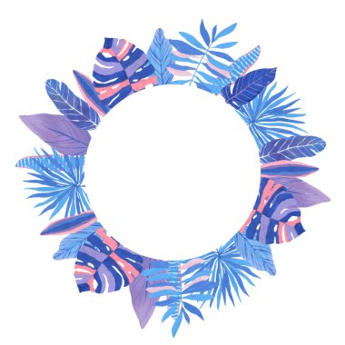 Tropikal yaprakların yuvarlak çerçevesi, mavi, mavi ve pembe renklerle çizilmiş..