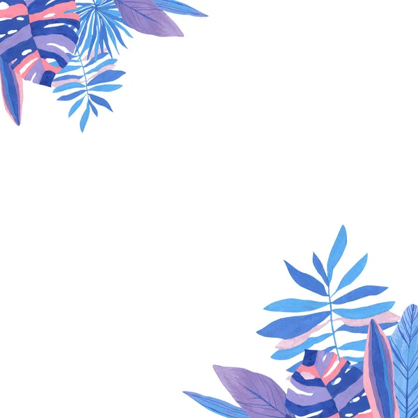Kwadratowa Ramka Liści Tropikalnych Ręcznie Rysowana Kolorach Niebieskim Niebieskim Różowym — Zdjęcie stockowe