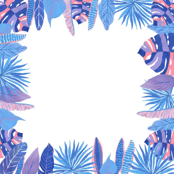 A square frame of tropical leaves, hand-drawn in blue, blue and pink colors.