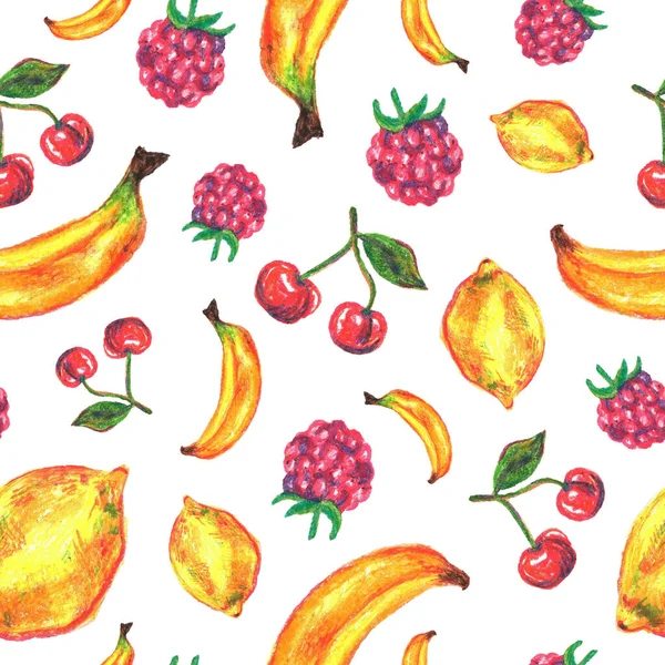 Patrón Sin Costuras Con Frutas Plátano Brillantes Jugosas Una Ramita —  Fotos de Stock