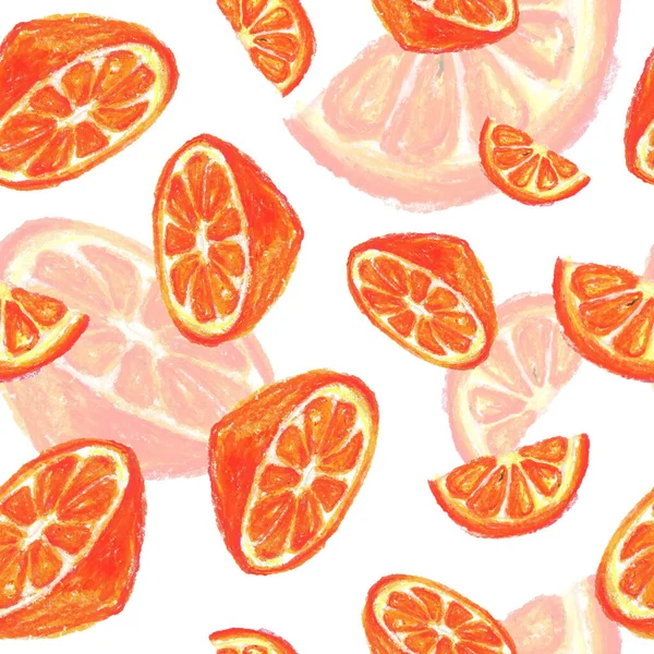 明るくジューシーな果物 オレンジのスライスとオレンジの半分とシームレスなパターンは オイルパステルで描かれています — ストック写真