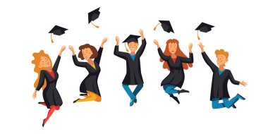 Yüksek lisans. Diploma seremonisi. Bir üniversite öğrencisinin mezuniyet günü, başarılı bir sınav ve akademik şapkalar giyen bir grup mezun. Çizgi film Düzlüğü - Vektör