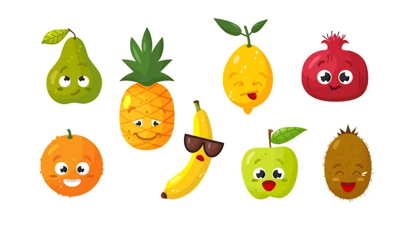 Vector set of cartoon images of various funny isolated fruits on a white background. Emotions, emojis, character. — Stock Vector