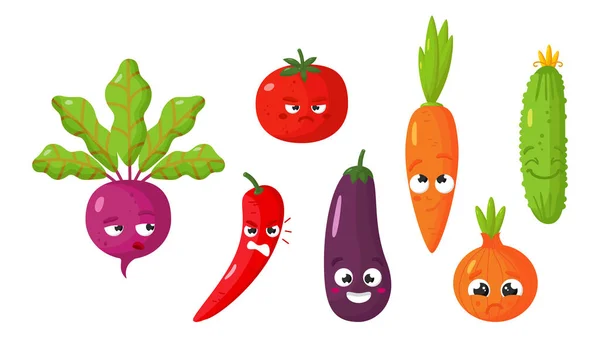 Vektor uppsättning tecknade bilder av olika roliga isolerade grönsaker på en vit bakgrund. Emotikoner, emojis, karaktär. — Stock vektor