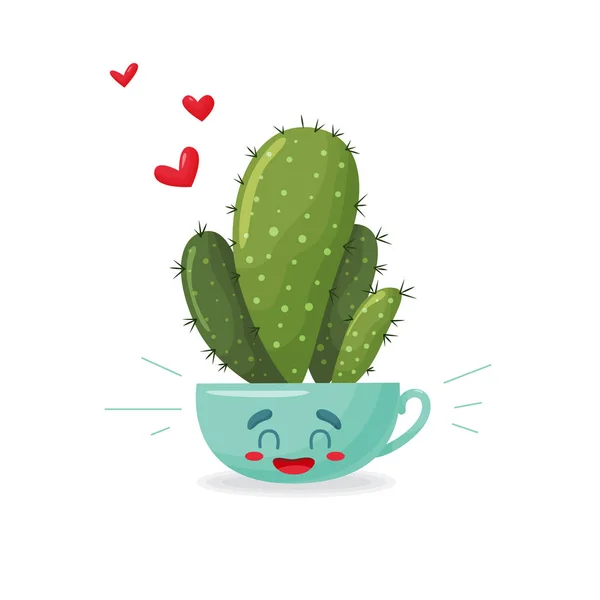 Lindo cactus amoroso para el diseño de tarjetas de felicitación del día de San Valentín. Estilo de dibujos animados . — Vector de stock