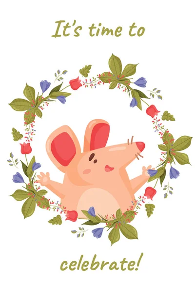 幸せな小さなピンクのマウスと大きなピンクの耳を持つ春の丸いカード。漫画のげっ歯類のベクトル — ストックベクタ