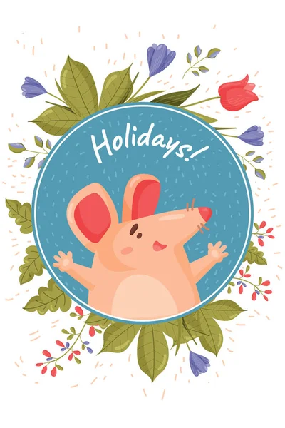 幸せな小さなピンクのマウスと大きなピンクの耳を持つ青の背景に春の丸いカード。漫画のげっ歯類のベクトル — ストックベクタ