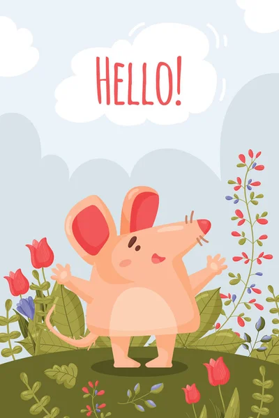Een veerkaart met een vrolijke kleine roze muis en grote roze oren opende zijn pootjes voor een knuffel. Vector van een cartoon knaagdier — Stockvector