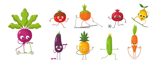 Мультфильм овощи и фрукты с эмоциями заниматься спортом. Векторная иллюстрация — стоковый вектор