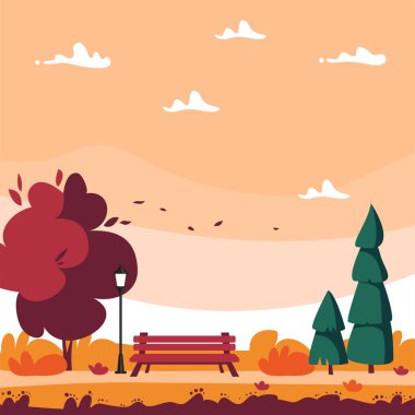Yaprak döken ve kozalaklı ağaçlar, sokak lambası ve bank olan Autumn City Park. Çizgi film manzarası düz stil