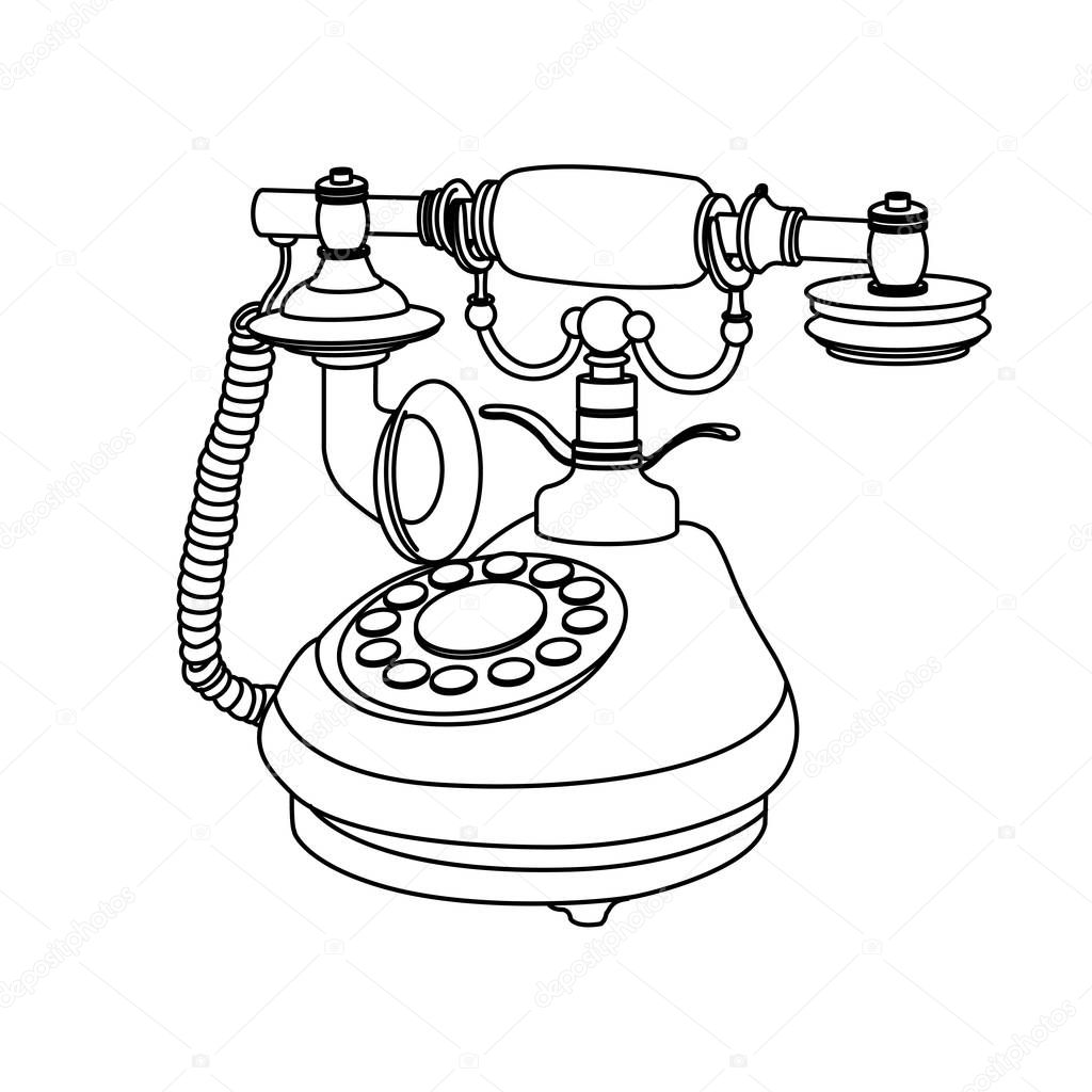 Vintage old retro phone in line art style isolated on white background