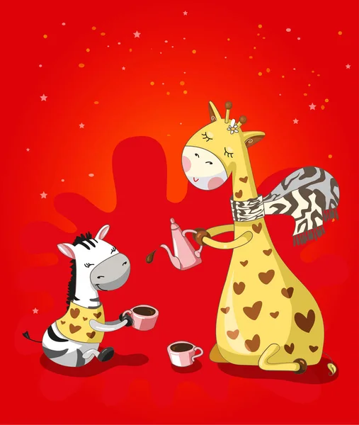 Giraffe en Zebra drinken koffie — Stockvector