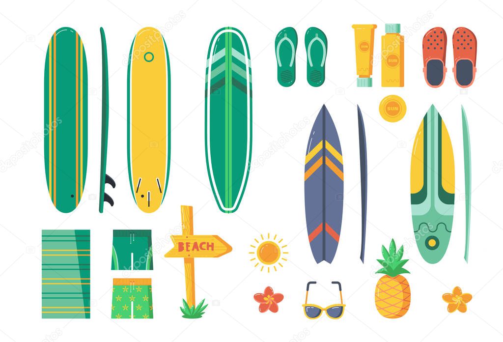 Surfing elements and equipment. Summer sea vacation on Hawaii icons. Vector. Summertime beach holidays