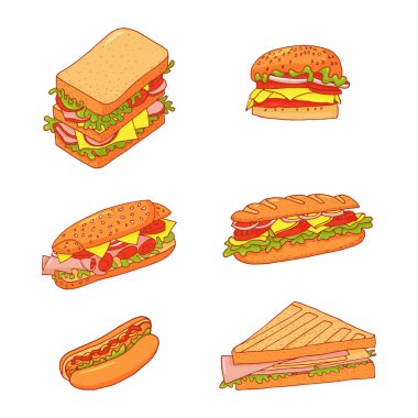 Set of 6 sandwiches. Collection of vector fast food pictures illustrations on a white background. clipart