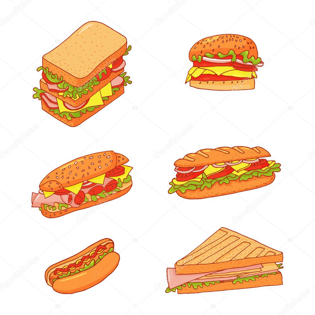Set of 6 sandwiches. Collection of vector fast food pictures illustrations on a white background.
