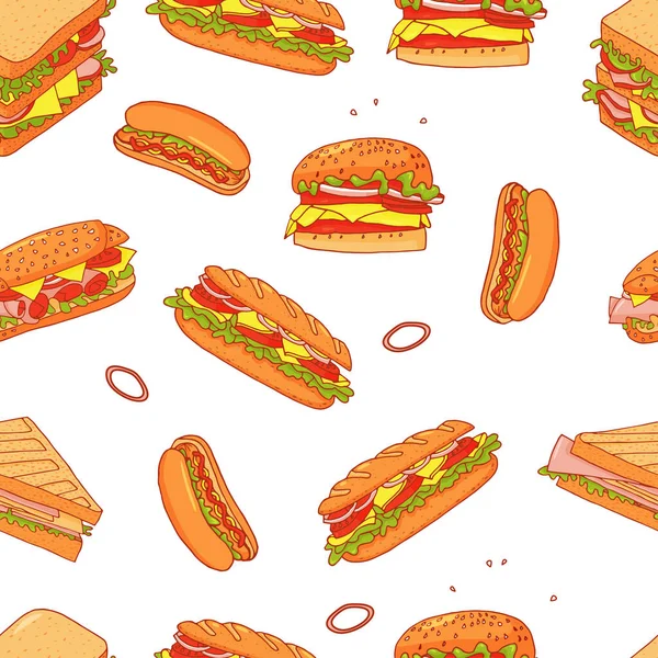 Sandwich Cartoon nahtlose Muster Hintergrund. Isoliertes Fast Food. — Stockvektor