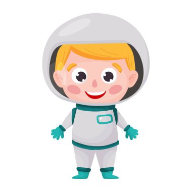 Çizgi film tarzında sevimli astronot çocuk. Beyaz arkaplanda izole edilmiş vektör.