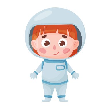 Çizgi film tarzında sevimli astronot kız. Beyaz arkaplanda izole edilmiş vektör.