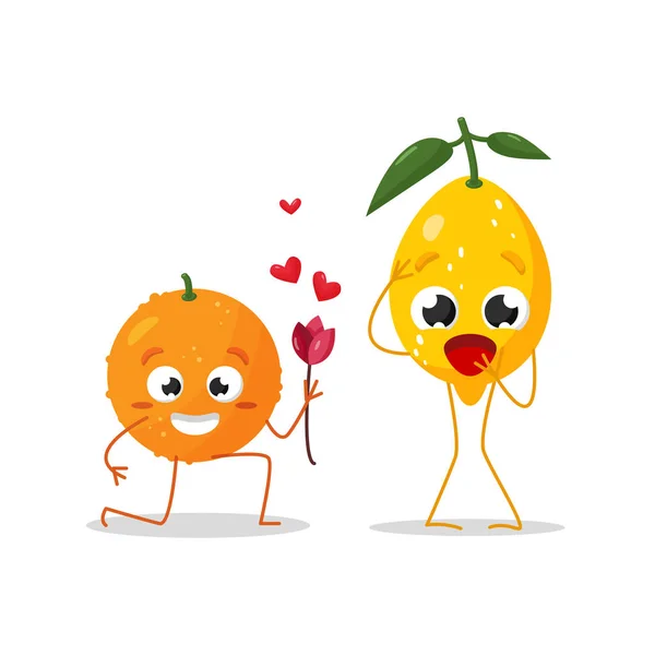 Lindos personajes con una oferta para casarse. Una naranja se arrodilla con un ramo de flores delante de un limón — Vector de stock