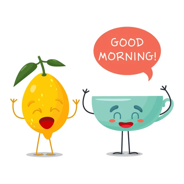 Morning Cup with lemon say in the bubble Good morning . Fun fruits with a happy greeting — 图库矢量图片