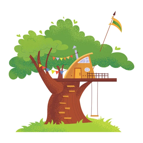 La casa de madera los juegos infantiles sobre el árbol. Parque infantil de verano. Vector gráficos de libros infantiles en estilo de dibujos animados . — Vector de stock