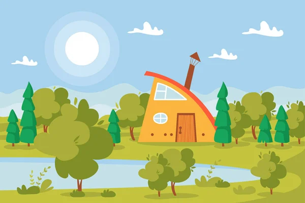 Casa de campo en el bosque. Casa de campo entre los árboles. Ilustración vectorial. Paisaje de verano en estilo de dibujos animados — Vector de stock