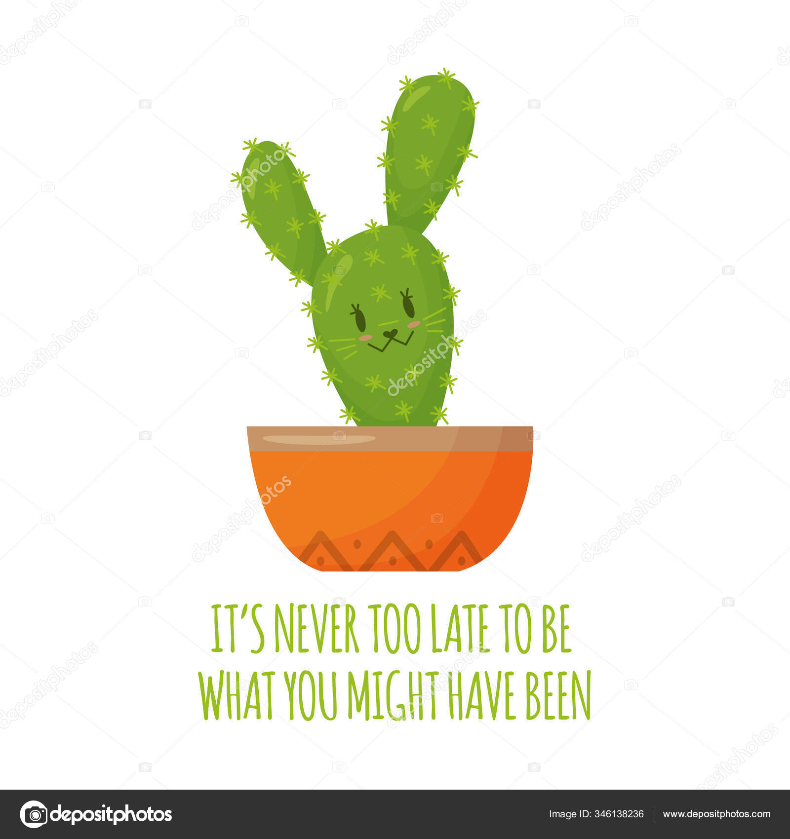 Søt tegneseriekaktus i bildet av en hare. Motiverende frase. Vektortegning.  Illustrert sitat . stockvektor © sky-iris #346138236, image size:1600x1700