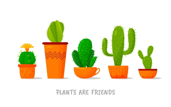 Set of five illustrations of cute cartoon cactus in pots and with plants are friends text message. — Wektor stockowy