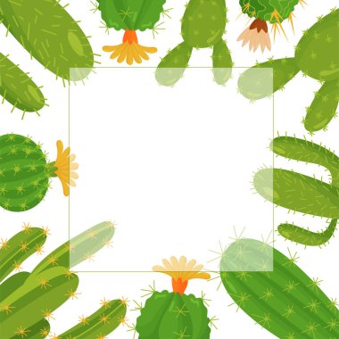 Ev bitkilerinin kare vektör bileşimi ve mesaj yazmak için bir yer. Çizgi film tarzında kaktüs..