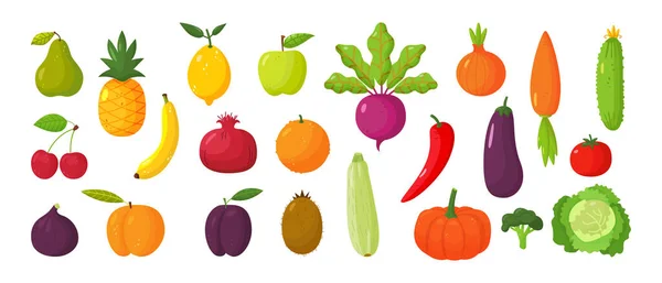 Set of juicy fruits and vegetables in cartoon style . Healthy lifestyle, vegetarianism — Stock Vector