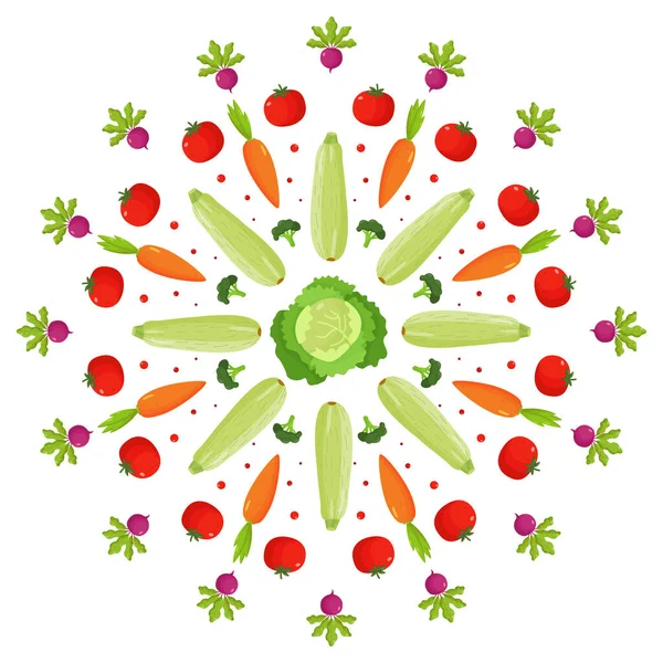Composición circular de verduras en el estilo plano. Adorno, patrón, mandala, patrón geométrico, composición — Vector de stock