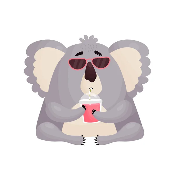 Cute Koala in sunglasses drinking a cocktail . — Stockvector