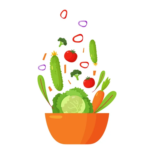 Taze sebzeli salata hazırlıyorum. Beyaz arka planda sağlıklı yiyeceklerle izole edilmiş bir kase.. — Stok Vektör