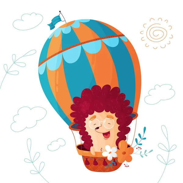 Söta djur färdas i en ballong. Glad igelkott i tecknad stil. Vektor — Stock vektor
