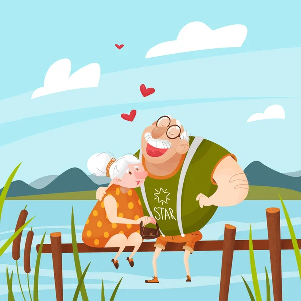Ett äldre par kär i naturen vid floden söt chatt om kärlek i stil med en tecknad film. Unga mor- och farföräldrar — Stock vektor
