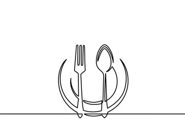 Bir çizginin devamlılığı. Çatallar, kaşıklar, bıçak tabakları ve tüm yemek ve pişirme aletleri restoran logoları, kekler, kartvizitler, afişler ve diğerleri için kullanılabilir. Siyah ve beyaz vektör çizimi