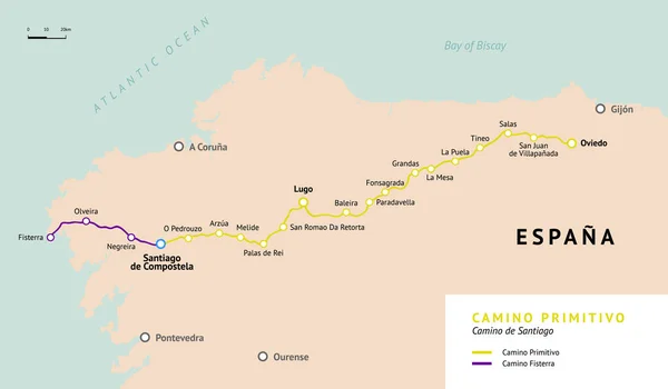 Camino Primitivo map. Camino De Santiago. Spain.