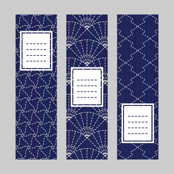 Conjunto de banners Sashiko. Enfeites de bordado japonês . — Vetor de Stock