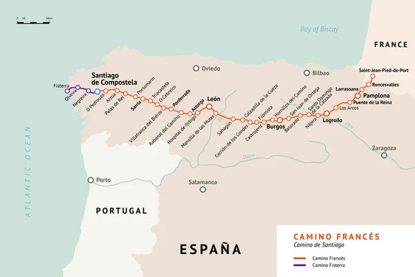 Mapa del Camino Francés. Camino De Santiago. Francia . — Vector de stock