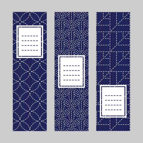 Conjunto de banners Sashiko. Enfeites de bordado japonês . — Vetor de Stock