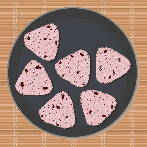 Onigiri auf dem grauen runden Teller. Asiatischer Imbiss. — Stockvektor