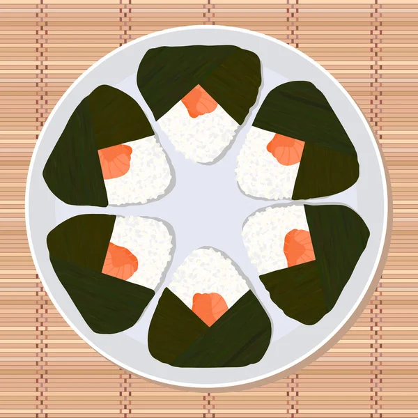 Onigiri (bola de arroz japonesa) llena de salmón . — Vector de stock